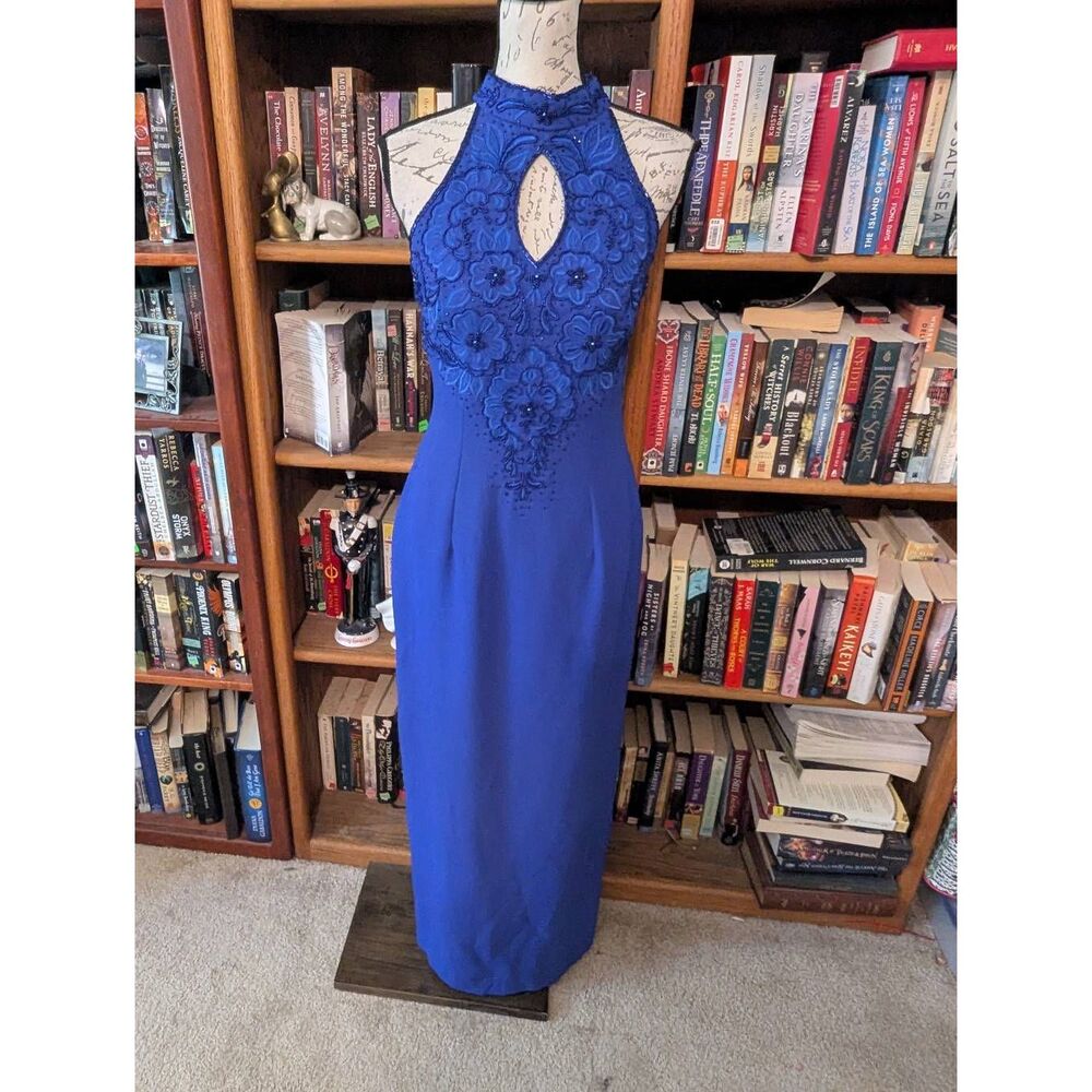 Vintage 90s Nina Canacci Women's Size 6 Blue Floral Embroidered Maxi Dress Gown